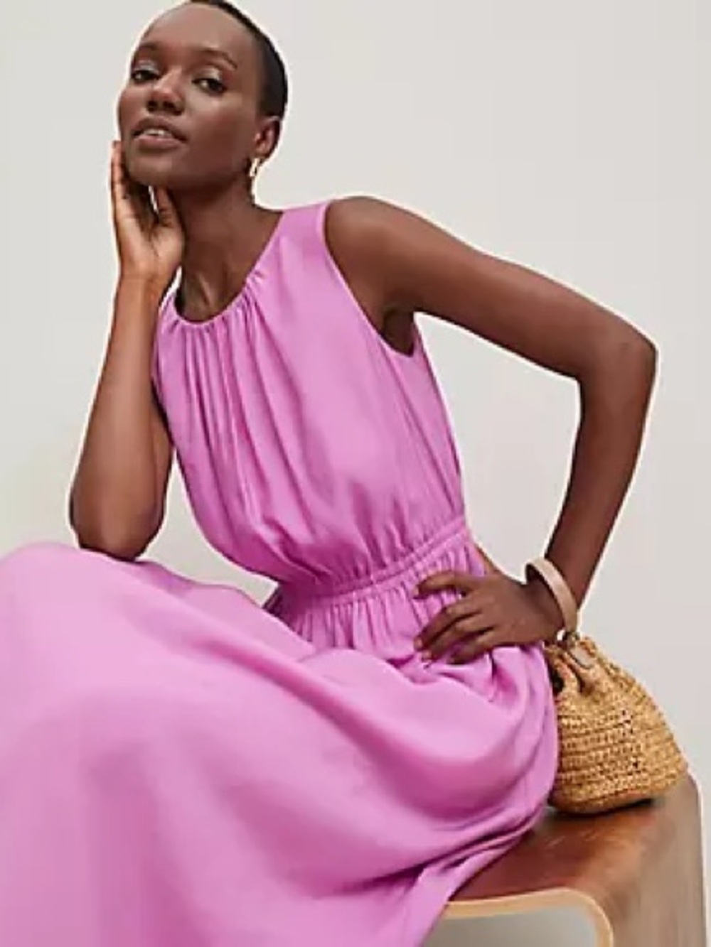 Ann Taylor Sleeveless Pink Midi Dress with Gathered Neckline
